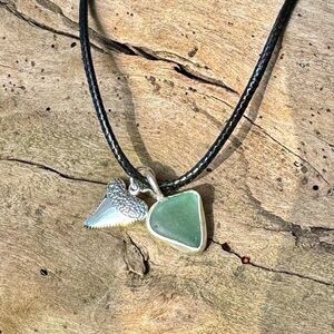 Teal Sea glass Handmade 995 silver shark tooth charm necklace beach boho